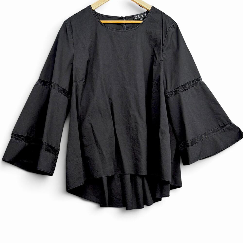 Eloquii Black Blouse Bell Sleeve Sheer Trim Womens Plus Sz 22 High Low Whimsical